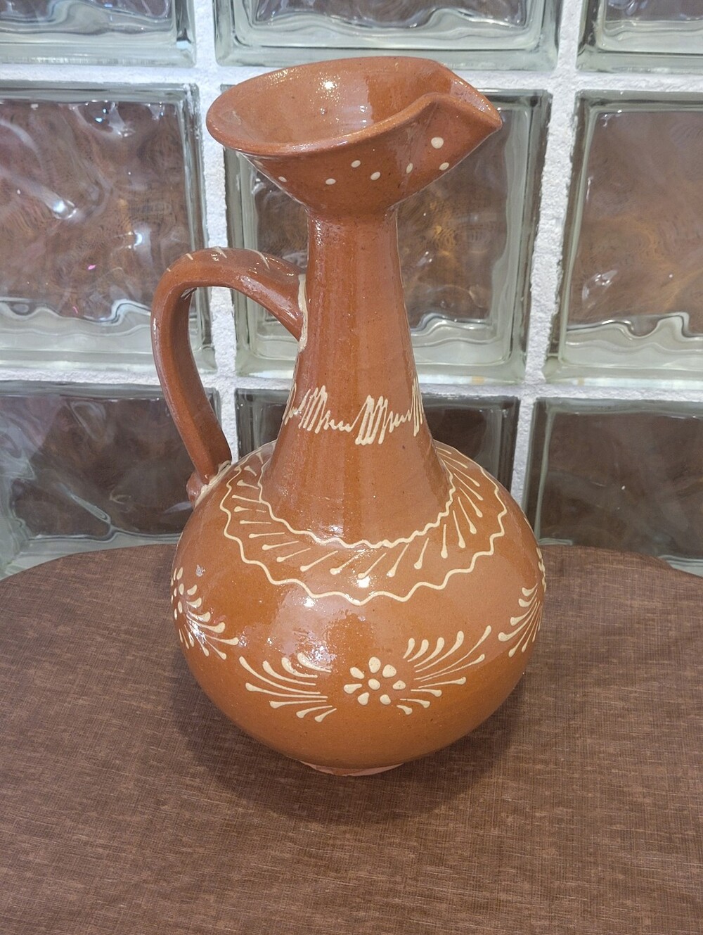 Vintage Redware Terracotta Wine Pitcher Jug Flared Spout Slip Trail Folk Art 15"